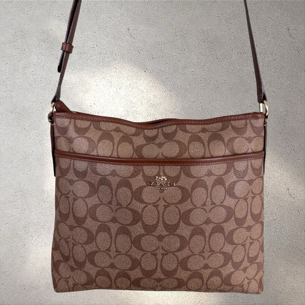 Coach Signature File Crossbody Bag Khaki Canvas Tan Leather F58297